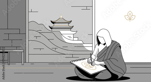 Monk Drawing Sacred Geometry Mandala in Ancient Temple Courtyard
