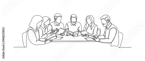 Literary Discussion. Minimalistic one-line drawing group sitting with open books discussing ideas, continuous single black line on white background, simple