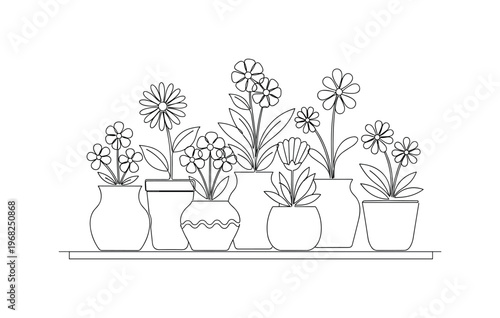 Bright Planters. Minimalistic one-line drawing flowering plants in cheerful pots on table, continuous single black line on white background, simple outline