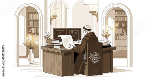 Monk Studying in Library: Manuscript, Books, Computer, and Arched Architecture