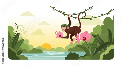 Monkey Hanging on Vine with Orchids in Tropical Jungle Landscape