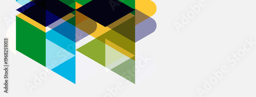 Abstract geometric shapes overlap, creating colorful composition. Blue, green, yellow hues dominate design. Modern aesthetic.