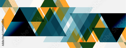 Abstract geometric pattern. Triangles overlap, creating dynamic visual texture. Colors include orange, teal, green, white. Modern design.