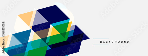 Abstract geometric shapes overlap, creating dynamic composition. Blue, green, yellow hues dominate white space. Modern design element.