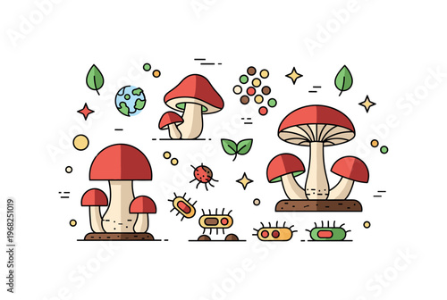 Biology fungi and mushroom ecosystem concept where mushrooms, spores, and soil microbes are illustrated while small sparkle and leaf icons emphasize ecological