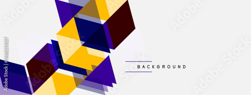 Abstract geometric shapes overlap, creating vibrant visual texture. Yellow, purple, dark shades dominate white space. Modern design element.