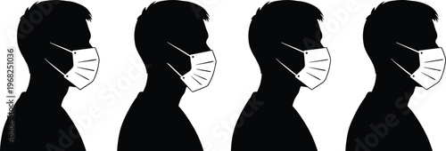 Face mask silhouette, side profile, health safety, pandemic protection, virus prevention, medical mask, hygiene awareness, respiratory care, public health, illustration