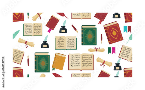 antique literature motifs seamless pattern, repeating pattern, surface design, textile print, modern illustration of old books, open pages, quills, ink
