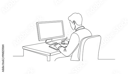 Video Lecture Notes. Minimalistic one-line drawing person writing notes while watching lecture on computer, continuous single black line on white background,