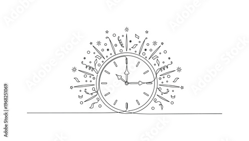 New Year Celebration. Minimalistic one-line drawing clock showing midnight with decorative elements, continuous single black line on white background, simple