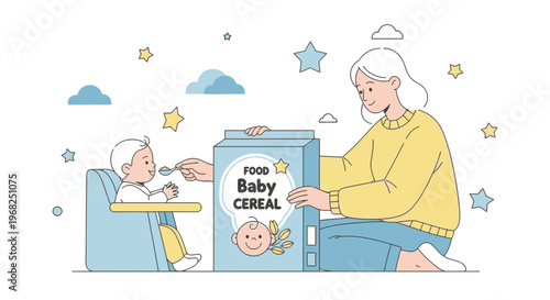 Mother feeding baby cereal from a large box, illustration, pastel colors, stars and clouds