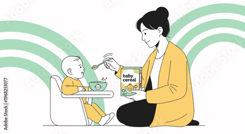 Mother Feeding Baby Cereal in High Chair, Healthy Childhood Nutrition