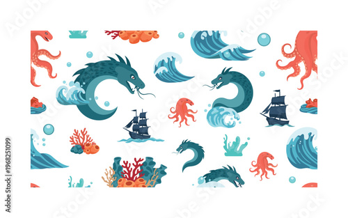 sea monster icons seamless pattern, repeating pattern, surface design, textile print, modern illustration of giant sea serpents, waves, splashes, coral reefs,