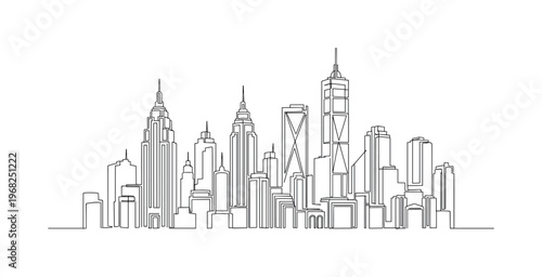 City Skyline. Minimalistic one-line drawing tall buildings and skyscrapers forming cityscape, continuous single black line on white background, simple outline
