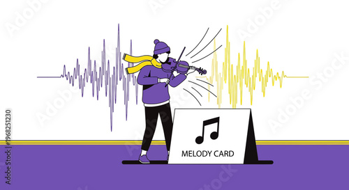 Musician Playing Violin with Sound Waves and Melody Card