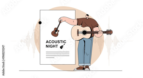 Musician with Acoustic Guitar and Poster Announcing 'Acoustic Night' Event