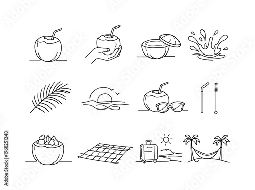 Refreshing Coconut Water Moments. Minimalistic set one-line drawing close-up coconut with straw, hand holding coconut drink, sliced coconut top opening, splash