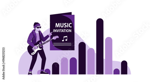 Musician with Guitar and Music Invitation Card, Event Promotion Graphic