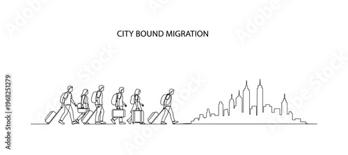City Bound Migration. Minimalistic one-line drawing individuals with luggage moving toward urban skyline, continuous single black line on white background,
