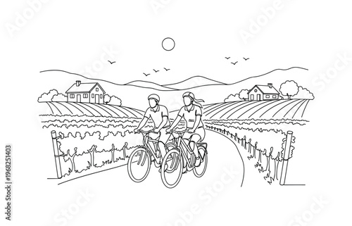 Vineyard Landscape Ride. Minimalistic one-line drawing couple cycling past vineyards and cottages, continuous single black line on white background, simple