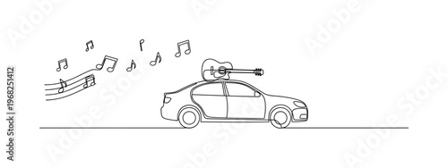 Indie Travel Vibes. Minimalistic one-line drawing car with guitar on roof driving along road with music notes, continuous single black line on white