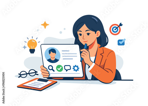 Recruiter candidate profile illustrated as a focused recruiter reviewing a clean profile card with a portrait icon and key skill symbols, conveying evaluation,