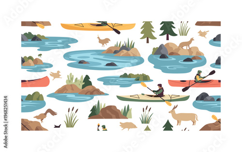 river paddling seamless pattern, repeating pattern, surface design, textile print, modern illustration of kayaks, canoes, paddles, rivers, lakes, wildlife,
