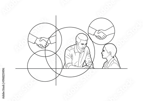 mentorship programs circular frames intersecting lines and abstract handshake icons detailed monochrome career advisor interacting with mentee with white