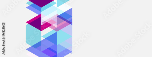 Abstract geometric shapes overlap, creating vibrant purple, blue hues. Minimalist design with clean lines, modern aesthetic.