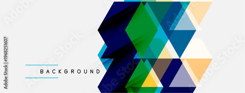 Abstract geometric shapes overlap, creating vibrant color gradients. Modern design elements suggest dynamic visual texture.