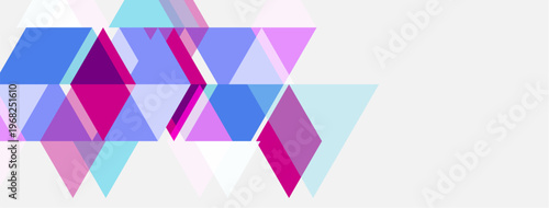 Abstract geometric shapes, pinks, blues, whites create modern design. Overlapping triangles, rhombuses form dynamic pattern. Clean, minimalist aesthetic.