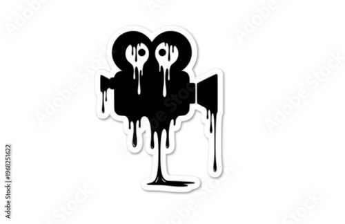 Surreal Melting Movie Camera Silhouette Sticker, Hollywood Director Liquid Drip Vector, Modern Playful Cinema Aesthetic Icon Illustration
