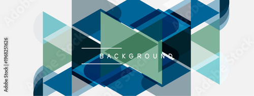 Abstract geometric shapes overlap, creating layered blue, gray, green design. Text reads BACKGROUND centered within composition. Minimalist aesthetic.