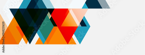 Abstract geometric shapes, triangles dominate composition. Orange, teal, red hues present on white background. Modern design elements visible.