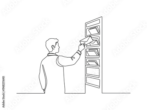 Mail Sorting System. Minimalistic one-line drawing person placing envelopes into specific slots, continuous single black line on white background, simple