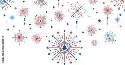 Patriotic Fireworks Background with Red and Blue Starburst Firework Explosions Celebration Vector Illustration for Independence Day and Holiday Design
