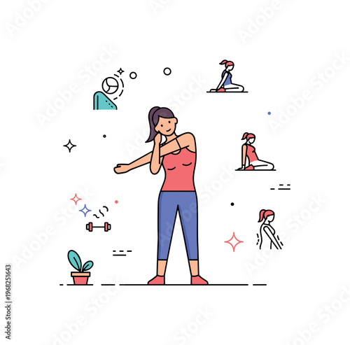 Posture exercise stretch scene where a person stretches arms and back while small sparkle and line icons emphasize proper alignment, flexibility, and wellness.