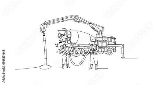 Concrete Pump Operators Delivering Concrete. Minimalistic one-line drawing construction workers operating concrete pump with hose pouring concrete, continuous