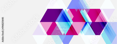 Abstract geometric design. Overlapping polygons create vibrant, modern visual. Shades include purple, pink, blue, cyan. Minimalist style.