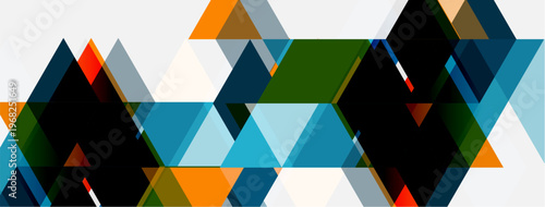 Abstract geometric shapes, triangles dominate composition. Colors include orange, teal, gray, black, olive. Minimalist design, modern aesthetic.
