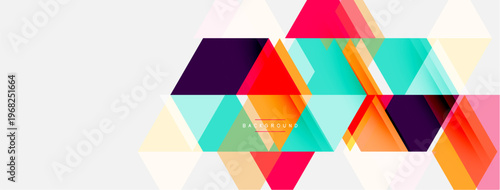 Geometric shapes overlap creating vibrant, modern banner design. Colors include orange, teal, purple, pink, yellow. Minimalist style.