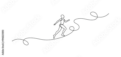 Soul Travel. Minimalistic one-line drawing figure moving along abstract swirling path, continuous single black line on white background, simple outline style,