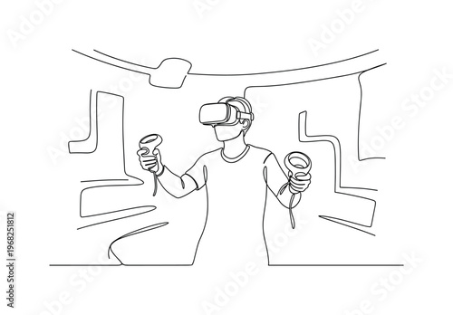 Immersive Gaming. Minimalistic one-line drawing person holding VR controllers in virtual space, continuous single black line on white background, simple