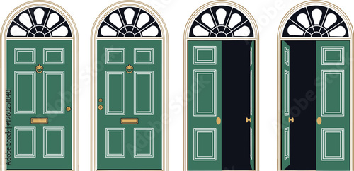 Classic Front Door Set with Open and Closed Door Entrance Traditional House Door Vector Illustration Collection for Architecture and Exterior Design
