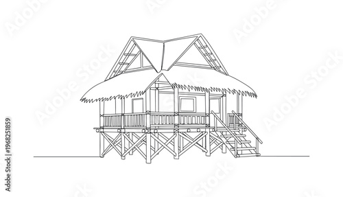 Natural Construction Design. Minimalistic one-line drawing house constructed using bamboo, wood, and straw materials, continuous single black line on white