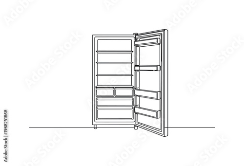 Open Fridge. Minimalistic one-line drawing fridge with open doors and visible shelves, continuous single black line on white background, simple outline style,
