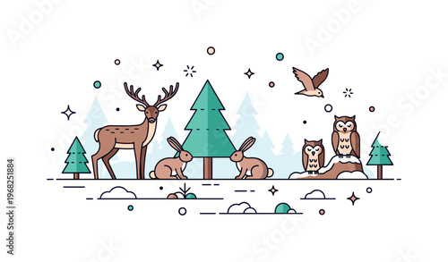 Forest animals winter forest concept where animals like deer, rabbits, and birds navigate snow-covered terrain while tiny sparkle and star icons highlight