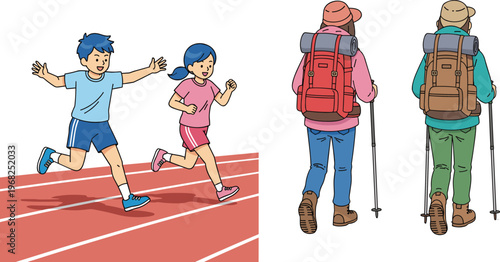 Kids Running Race and Backpacking Hikers Set Outdoor Activity Children Sport and Hiking Adventure Vector Illustration Collection