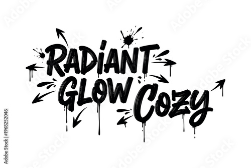 Radiant Glow Cozy. lettering and all elements in black. Vector style. AWhite background. Pure white background. Perfect isolation and visual consistency.