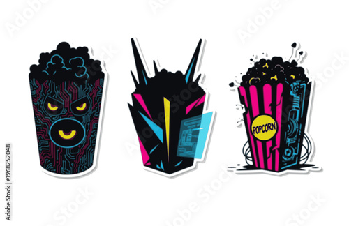 Cyberpunk Popcorn Bucket Silhouette Sticker, Modern Cinema Snack Star Vector, High Contrast Movie Night Nostalgia Illustration